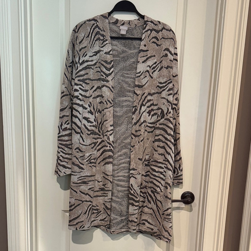 Chico's Black and Cream Animal Print Cardigan